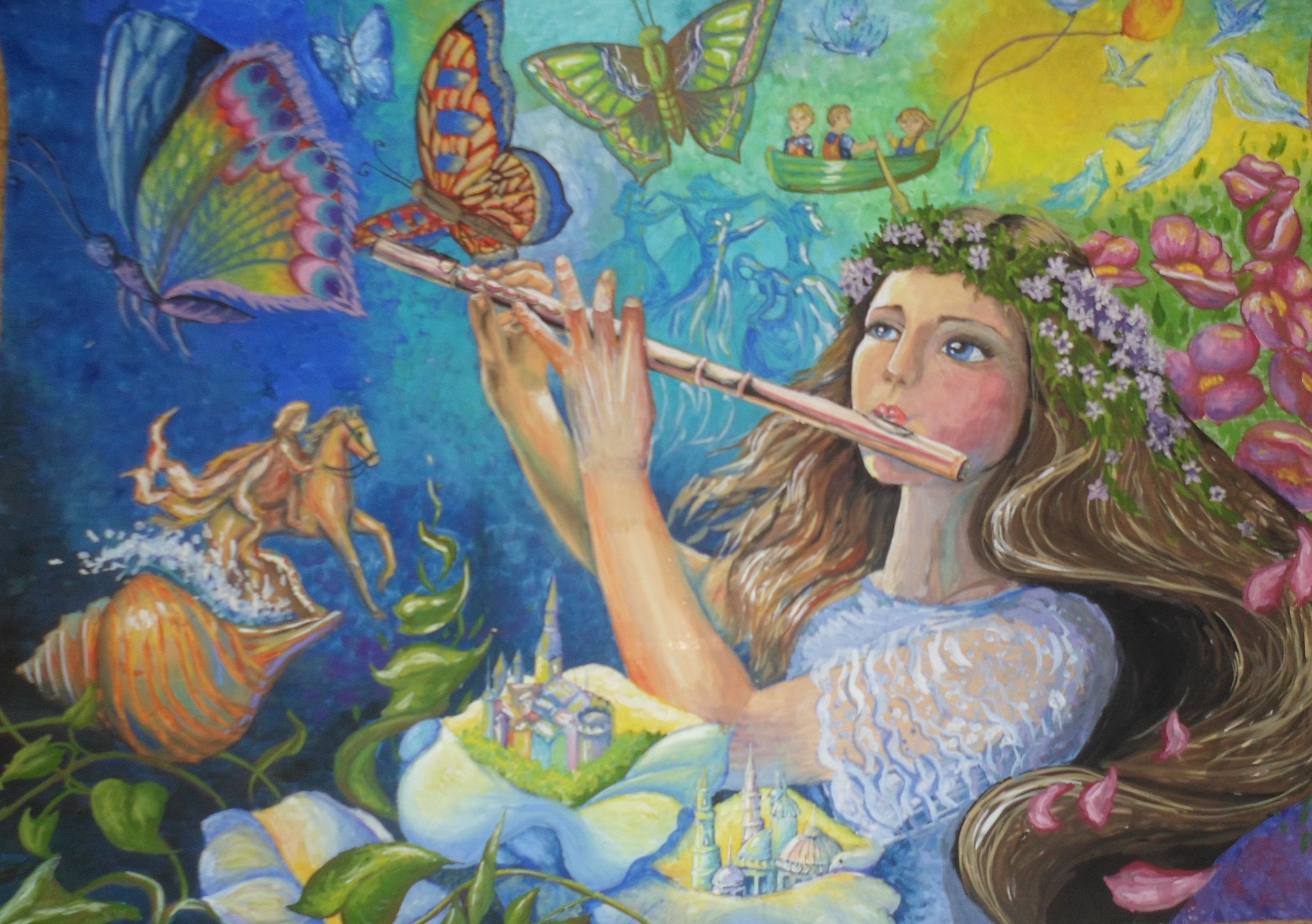 Картина звучание. Девушка с флейтой картина. Фея с флейтой. Сказочный музыкальный образ.