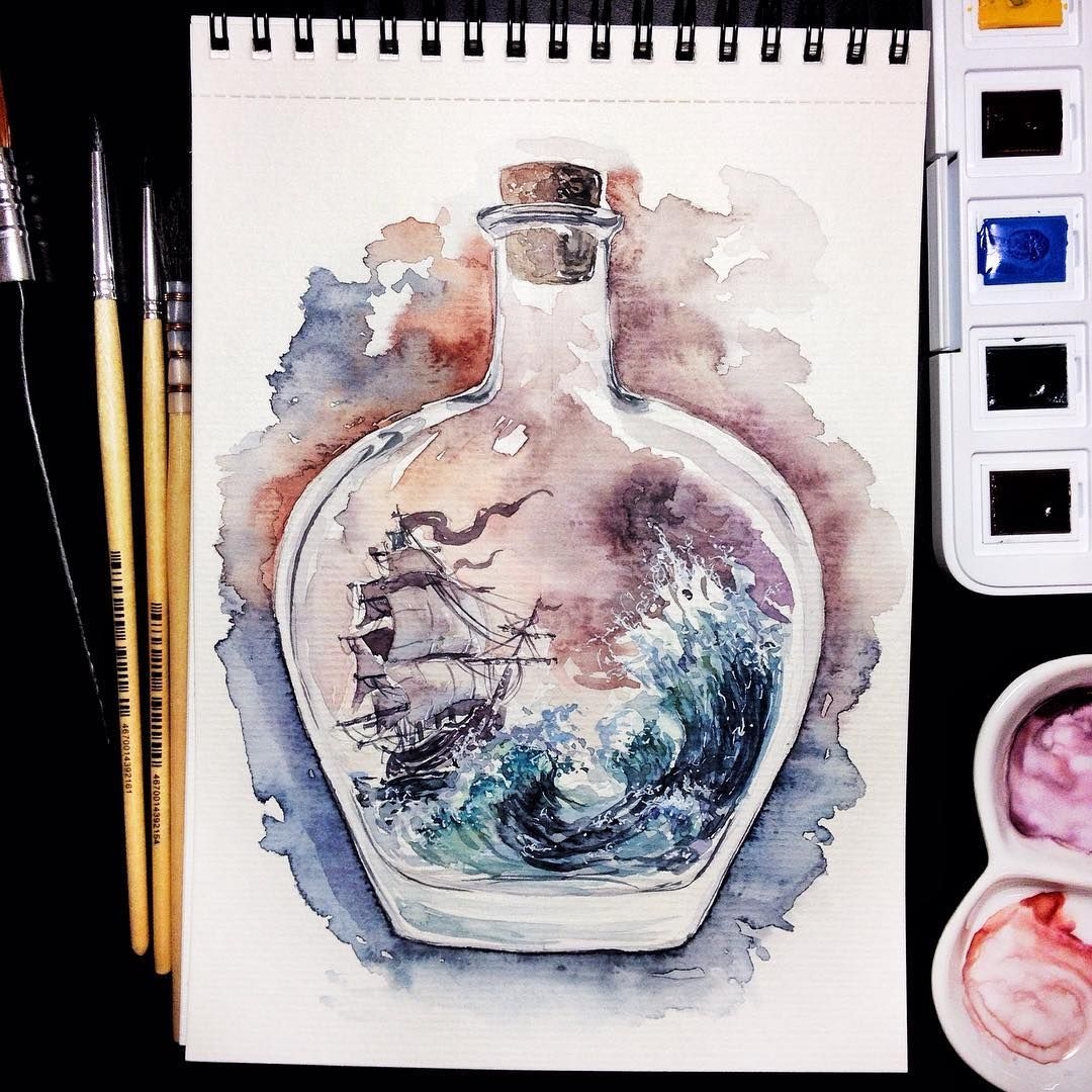 Корабль в бутылке иллюстрация акварелью