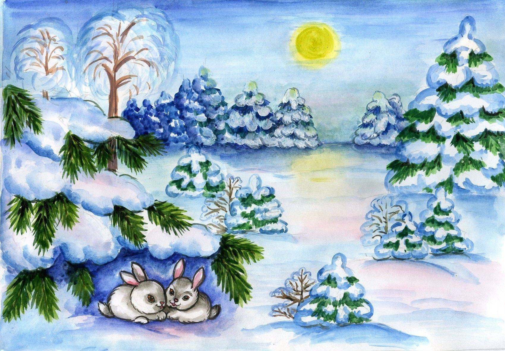 Зимний пейзаж - простой и красивый рисунок гуашью