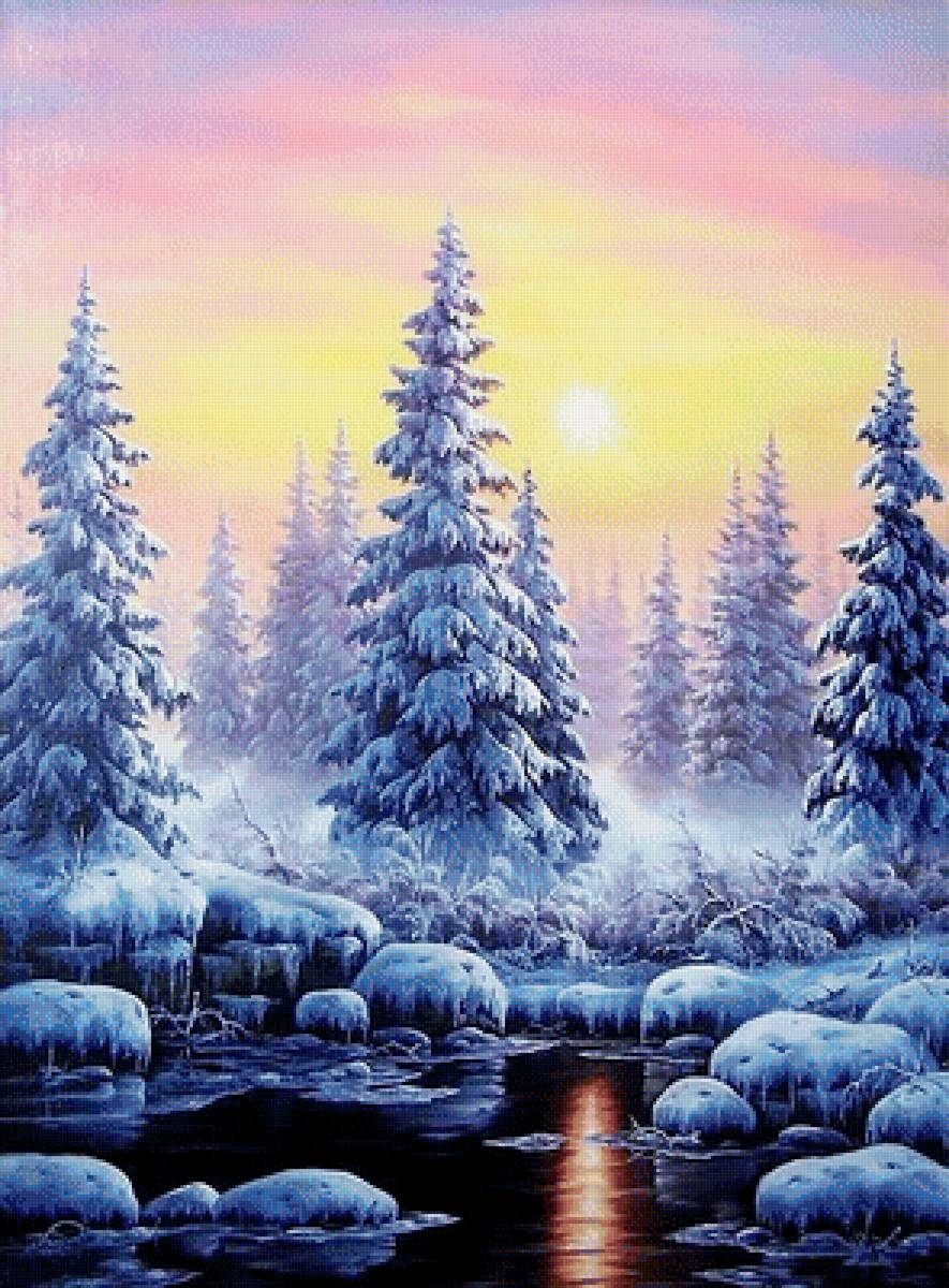Пейзаж зимнего леса красками