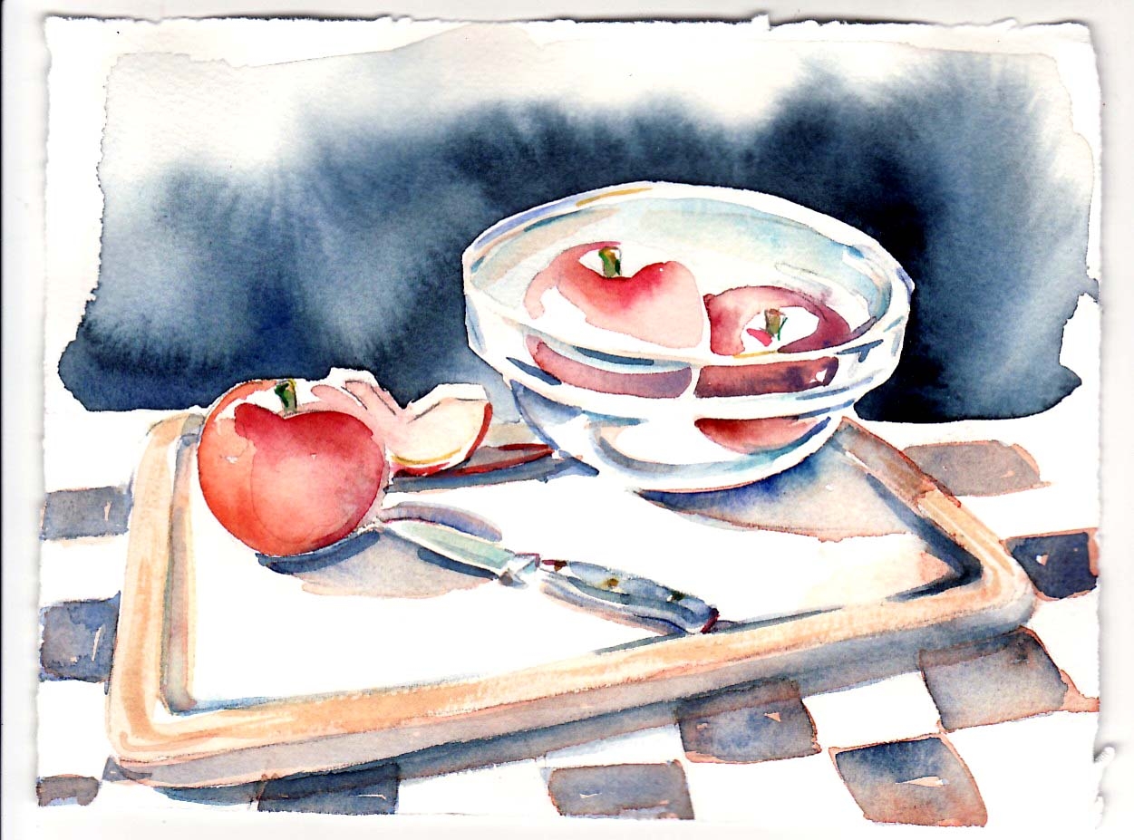 Яблоки на тарелке акварель рисунок