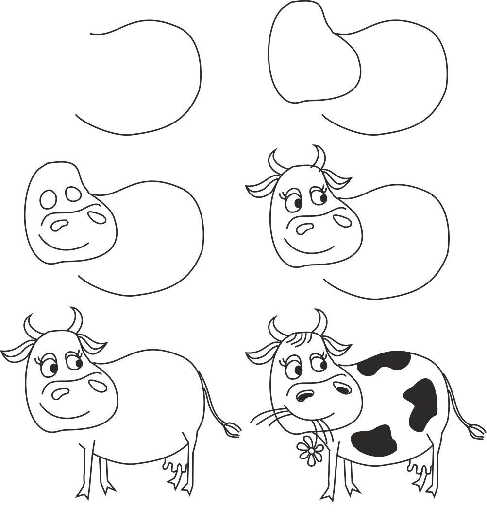 Как рисовать коровку. Простые рисунки для детей. Корова рисунок для детей карандашом легкие. Корова рисунок для детей карандашом. Поэтапное рисование коровы.