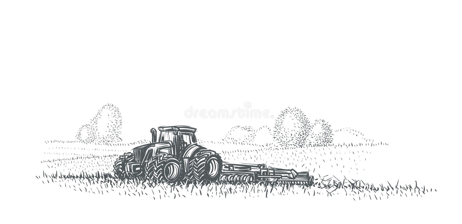 Трактор в поле на белом фоне