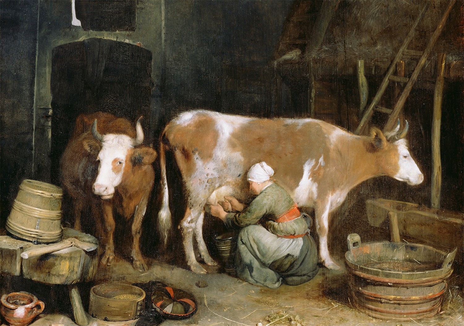 Бабушка доит корову