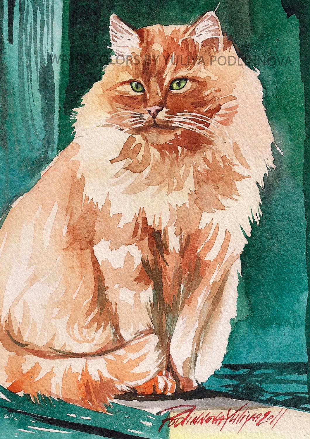 Рыжий кот акварелью