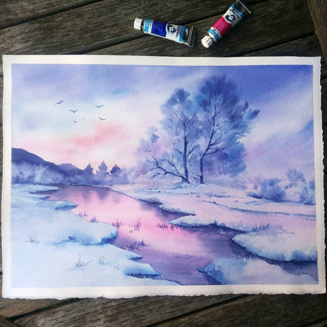Зимний пейзаж рисунок акварелью